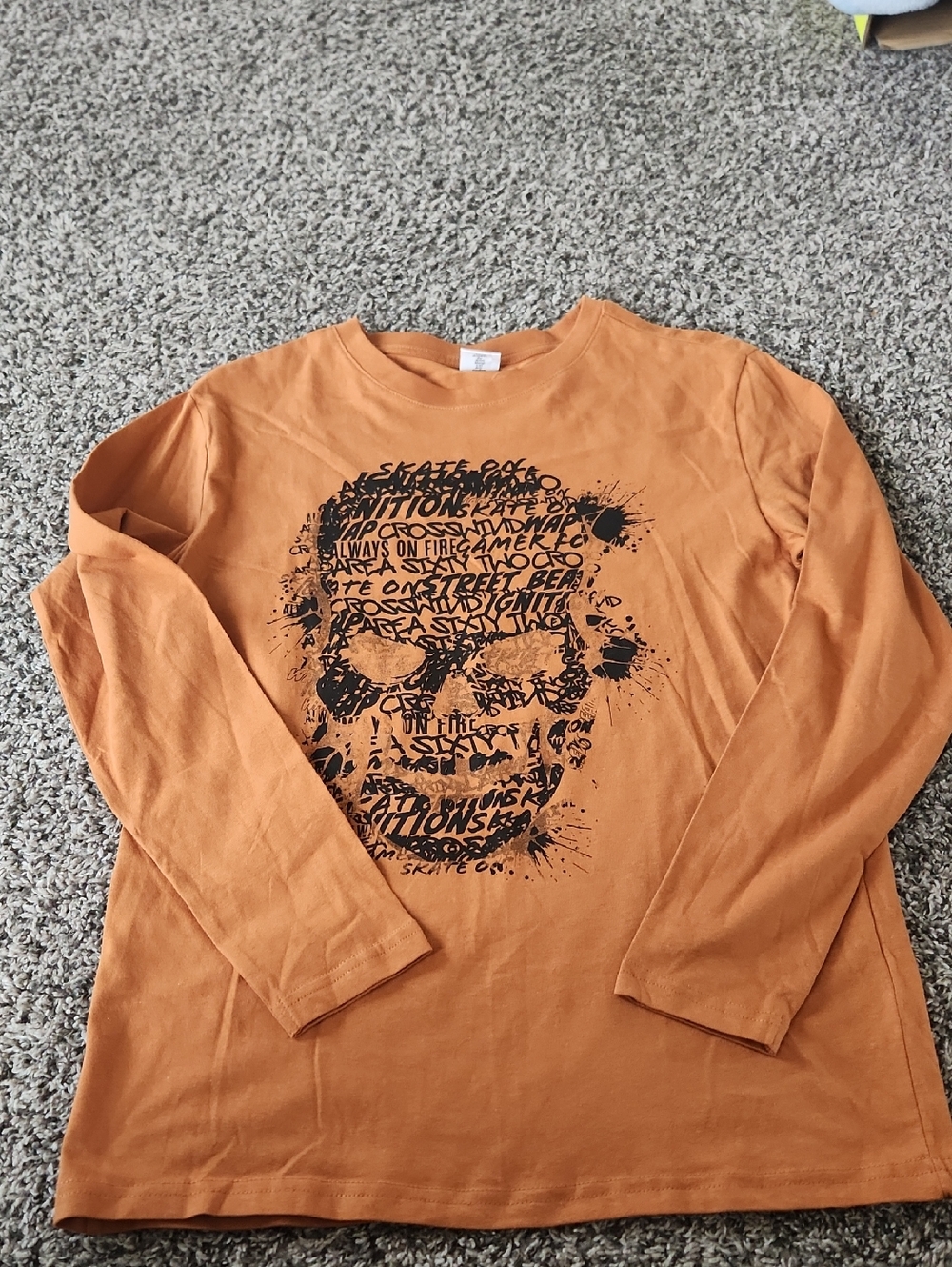 Chapter Orange Long Sleeve Tee with Black Skull Typography